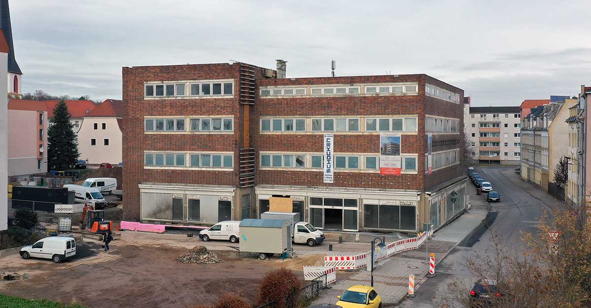 Luftbildaufnahme Schocken Kaufhaus im November 2021
